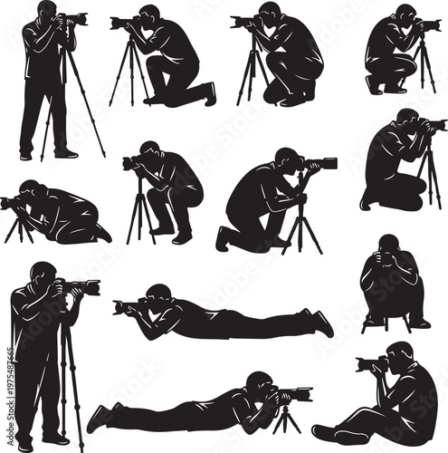 Professional photographer silhouettes set, 13 vector icons of cameramen with tripods and telephoto lenses, photography hobby and media production elements