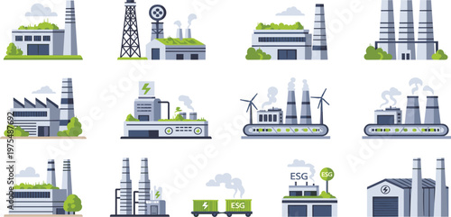 Industrial Factory Vector Set Featuring Manufacturing Plants Energy Production Facilities ESG Sustainable Industry and Power Generation Illustration Collection