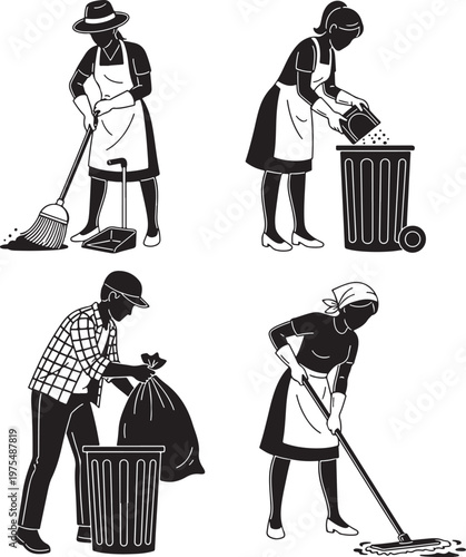 Black and white cleaning service silhouettes, professional janitorial staff vector set, workers sweeping and mopping floors, waste management icons