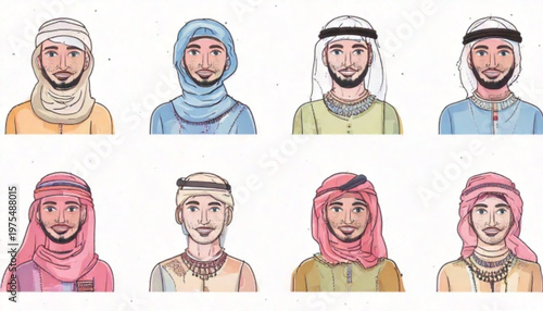 Diverse portraits of Middle Eastern men in traditional attire, cultural representation.