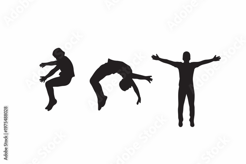 Silhouettes of people performing dynamic acrobatic movements and poses