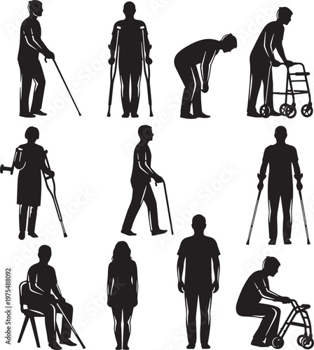 Disabled people silhouettes with mobility aids, set of 11 vector icons of patients with crutches and walkers, medical rehabilitation and injury recovery graphics
