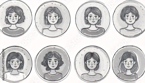 Diverse portraits of women in circular frames, artistic and expressive.