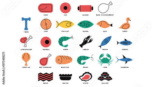 Colorful Seafood and Meat Icons Set – Flat Food Illustration Collection