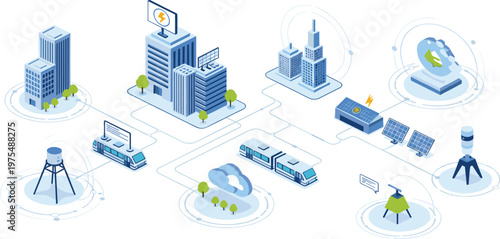 Smart City Infrastructure Vector Illustration Featuring Connected Buildings Public Transport Renewable Energy Data Network and Digital Urban Technology System