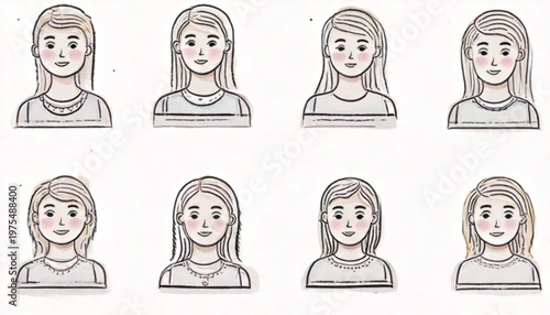 Diverse portraits of women with various expressions and emotions, illustrated.