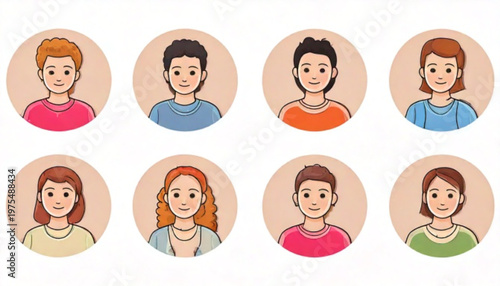 Diverse group of people portraits in circular frames, pixelated style.