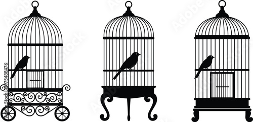 Three black silhouette birdcages with birds on white background Keywords: birdcage, silhouette, bird, cage, black, white, isolated, animal