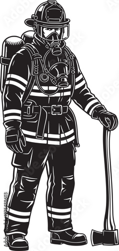 Firefighter vector illustration in full protective gear, heroic fireman holding axe, black and white emergency responder mascot for rescue service
