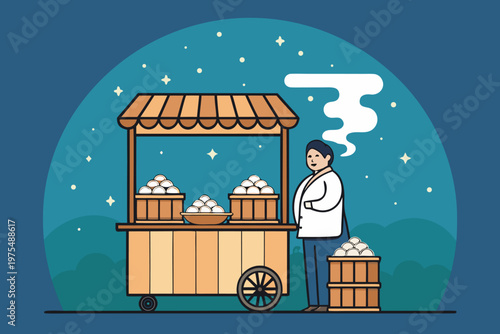 Street Dumpling Stall Night Illustra