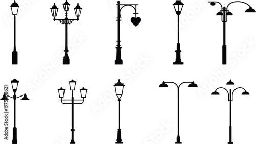 Assortment of Black Silhouette Street Lamp Posts with Decorative Elements on White Background Keywords: street lamp, lamppost, lamp post