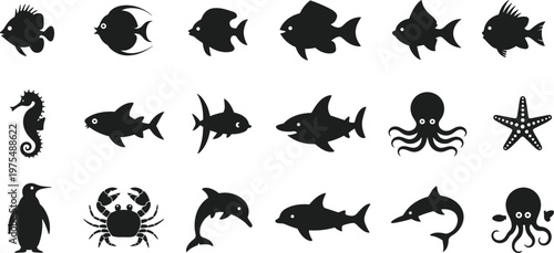 Collection of Black Silhouette Marine Animals and Sea Creatures on White Background Keywords: fish, shark, octopus, seahorse, starfish, crab
