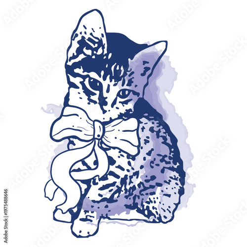 Elegant Toile de Jouy illustration with naive ink kitten sketch and bow. Porcelain blue and white chinoiserie animal motif for textile, fabric and home decor. Sophisticated nursery and interior print