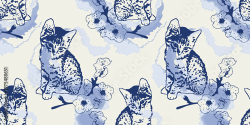 Elegant seamless vector pattern with naive ink kitten sketch and watercolor sakura blossom. Porcelain blue and white floral background for textile, fabric and home decor. Oriental garden print.