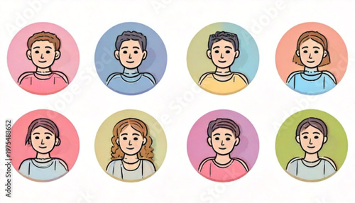 Diverse group of people portraits in colorful circular frames, pixelated style.