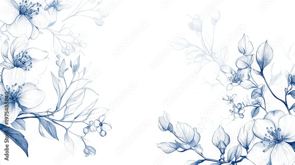 Fototapeta premium 149.Elegant botanical illustration in refined blue line art, featuring delicate wedding flowers and slender leaf branches on pure white background, fine toile-style detailing.