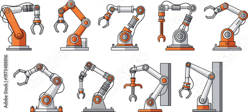 Industrial robotic arms collection, automation machinery set, factory robots, mechanical manipulators, engineering technology, production line equipment, vector illustration design