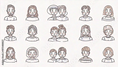 Diverse group of people portraits, representing community and togetherness, in a simple style.