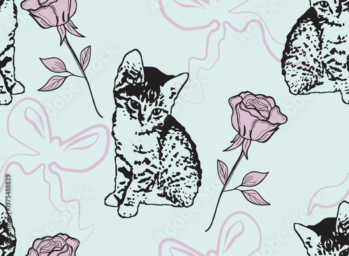 Elegant seamless vector pattern with handdrawn ink kitten sketch and romantic pink rose. Grunge gothic floral background with bows for textile, apparel and wallpaper. Pet animal ornament.