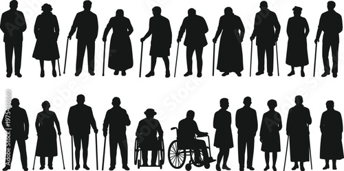 Silhouettes of Elderly People and People in Wheelchairs on White Background illustration vector