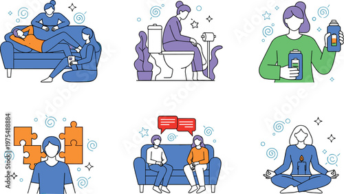 Mental health awareness set, therapy sessions, self care, anxiety relief, counseling, meditation, wellness concept, psychological support, flat vector illustration design