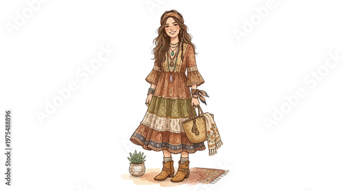 Woman in colorful bohemian style dress.