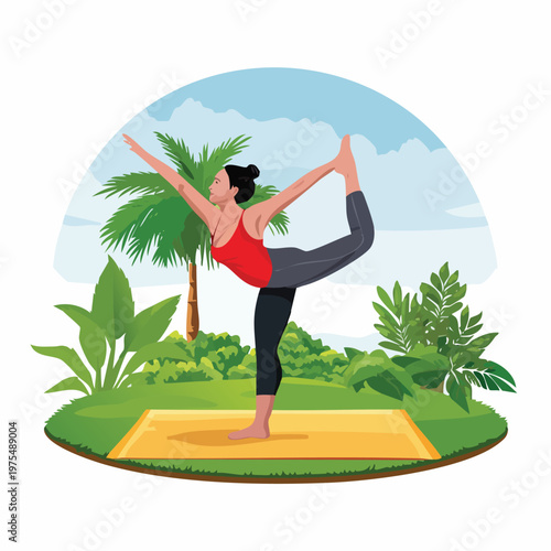 Woman practicing yoga pose outdoors surrounded by tropical vegetation