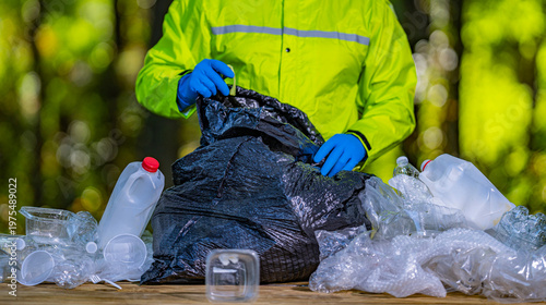 Volunteers clean parks from waste. Hands pick up plastic bottles to protect the planet. Global pollution. Plastic litter harms the environment. Rubbish cleanup. Bag of trash and eco actions. Pollution