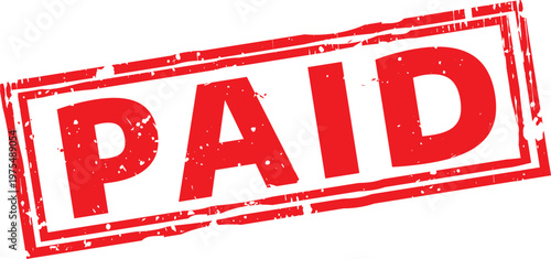 Rectangular Red Distressed Paid Rubber Stamp Vector, ideal for symbolizing completed transactions, settled invoices, and financial approvals in professional or creative projects