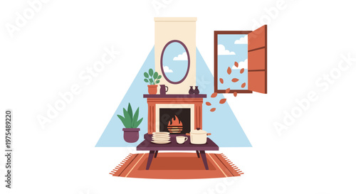 Cozy living room with fireplace and warm lighting.