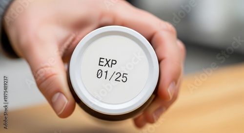 Close up of a person's hand holding a jar lid with an expiration date stamp of January 2025