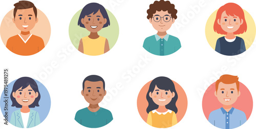 Diverse Group of People Avatars in Circular Frames on White Background Keywords: avatar, people, diversity, group, male, female, man, woman
