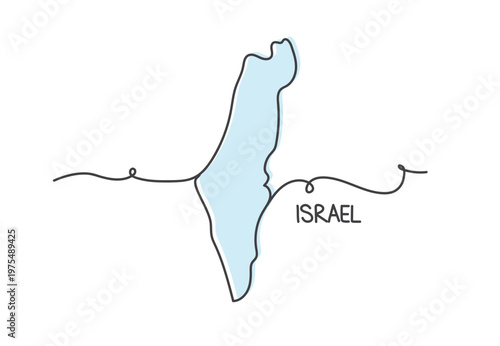 Continuous one line art Israel map shape isolated with blue color.