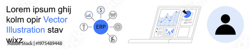 Business management, data visualization, process optimization, ERP software, workflow automation, system analytics. Icons linked to ERP, graphs on a laptop screen. Business management and data