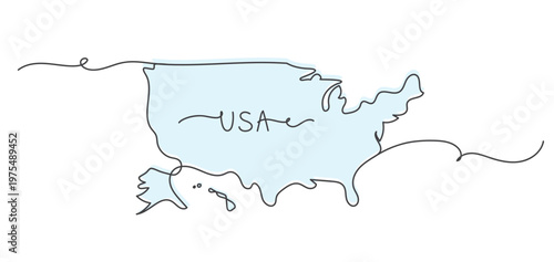 Continuous one line art USA map shape isolated with blue color.