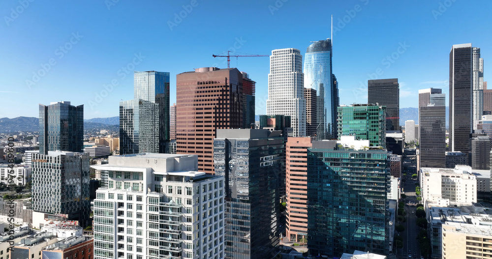 Obraz premium Los Angeles skyline modern skyscrapers cityscape. Los Angeles downtown skyline financial center. Los Angeles urban towers panorama view. Los Angeles aerial drone skyline.