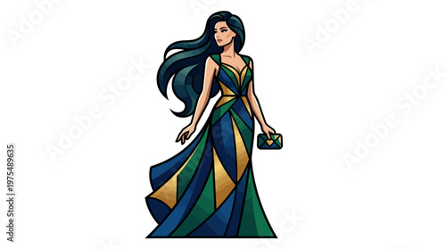 Woman in colorful evening dress.