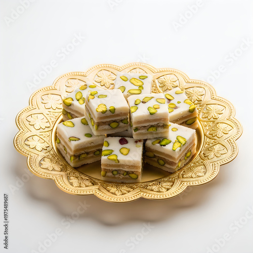 Assorted green tea cakes arranged on a decorative golden plate