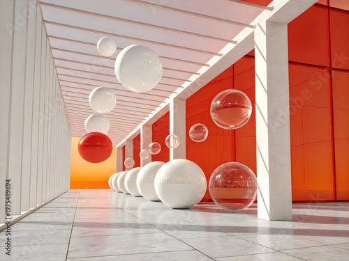 A hallway with white and red walls and several glass balls