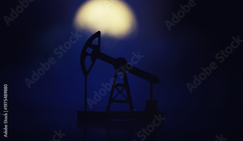 In the evening, the silhouette of oilfield derrick. Beam pumping unit under the night, closeup of photo