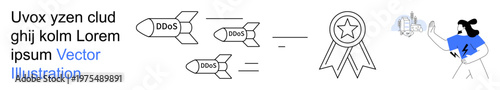 Cybersecurity threats, digital defense, online safety, data protection, threat mitigation, digital tools. Rockets labeled DDoS aiming at a shield. Cybersecurity threats and digital defense concepts