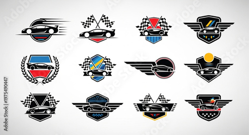 Collection of racing car emblems and badges with various designs.