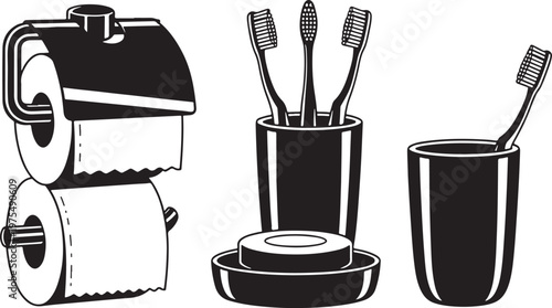 Vintage bathroom accessories vector set, retro toilet paper rolls and toothbrushes in holders, black and white bathroom hygiene icons