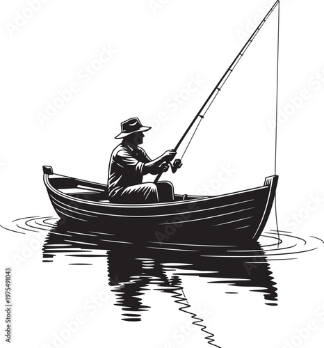 Vintage fisherman in a wooden boat vector illustration, black and white silhouette of a man fishing on a lake, retro woodcut style angling graphic