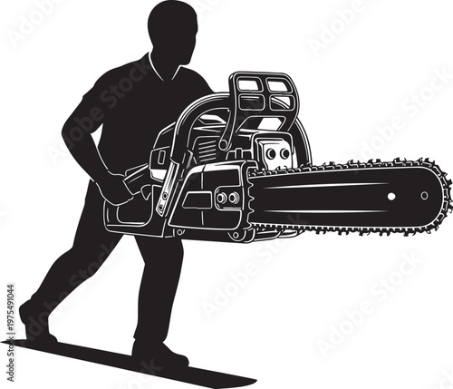 Lumberjack silhouette holding a large chainsaw, professional arborist with power tool vector, tree surgeon worker in black and white