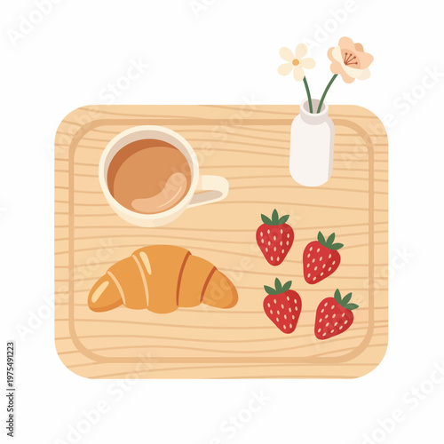 Breakfast croissant, strawberries, and coffee on a wooden tray