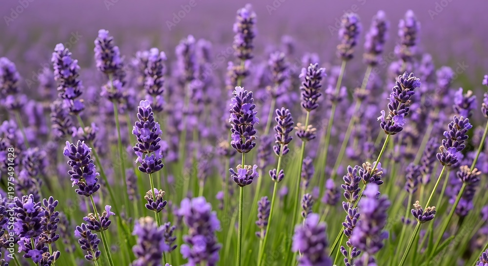 Fototapeta premium Beautiful vibrant purple lavender flowers blooming in a summer field.