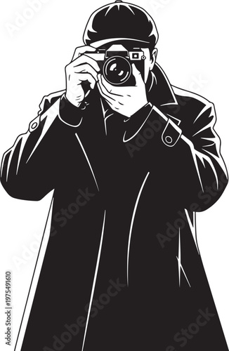 Vintage photographer vector illustration, detective character in trench coat holding camera, black and white noir style paparazzi man