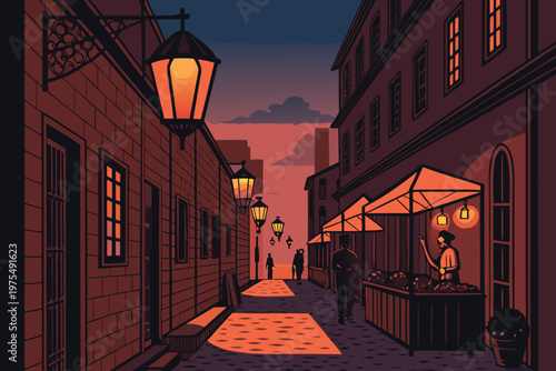 City Alley Food Vendors Night Illust