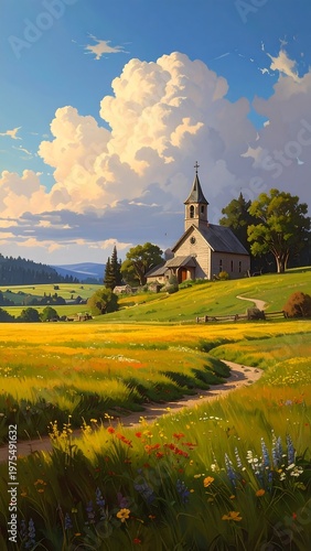 A serene countryside scene with a church on a hill